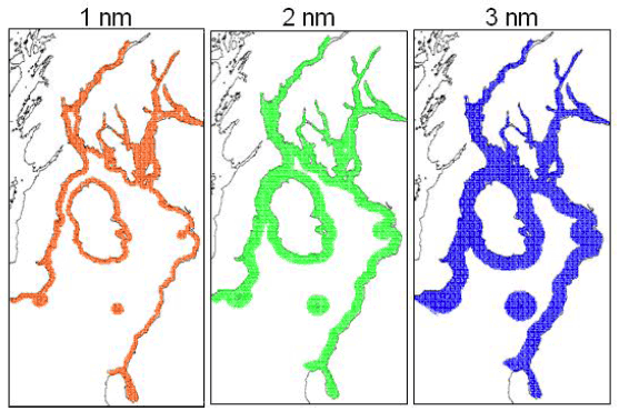 Figure 9.6 Spatial masks derived for the domains 1nm, 2nm and 3nm from the coastline. All coloured grid cells have a value of 1, all others 0.