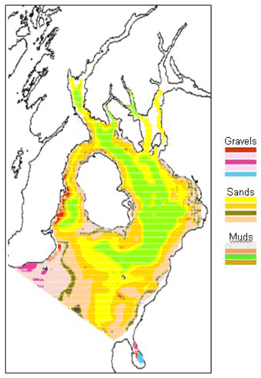 Figure 9.7 Plot showing the gridded sediment type of the Clyde Sea area. The detailed sediment types of Figure 9.2 have been regrouped into the simpler set of gravels, sands and muds.