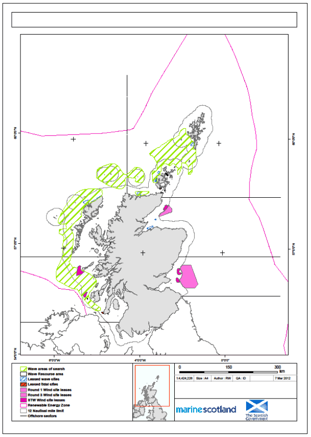 Figure S1 Areas of search for offshore wave plan option areas identified within Scottish marine waters, and marine renewable energy development areas currently within the Marine Scotland Marine Licence process.