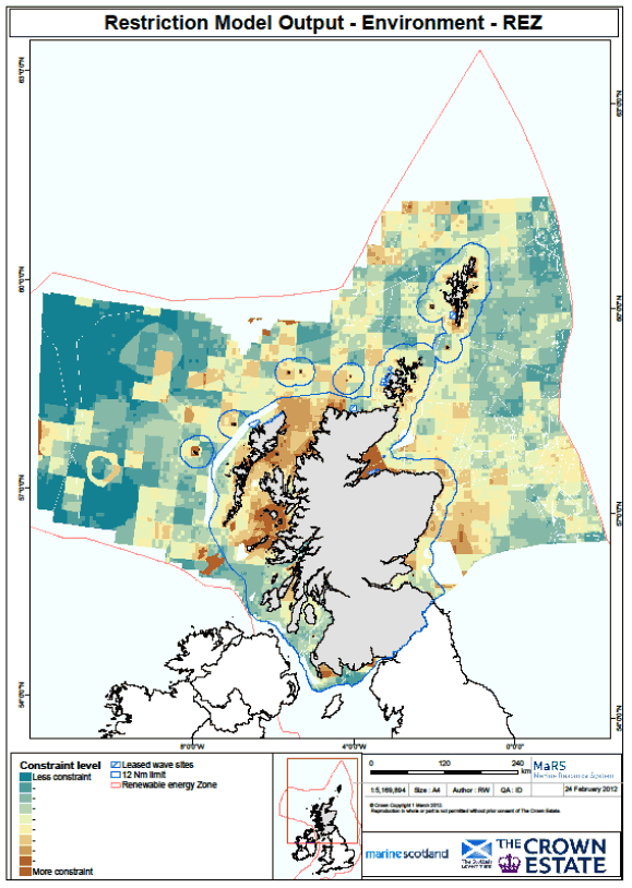 Figure 3 Output from the Environmental Restriction model for offshore wave energy development in Scottish waters.