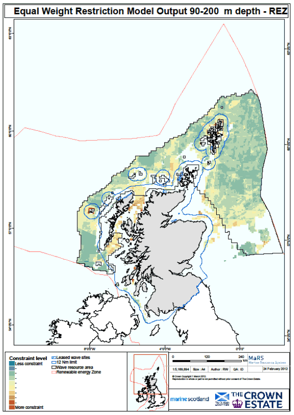 Figure 11 Levels of constraint on wave power developments in areas of 90 - 200m depth of water in relation to the resource area for wave energy.
