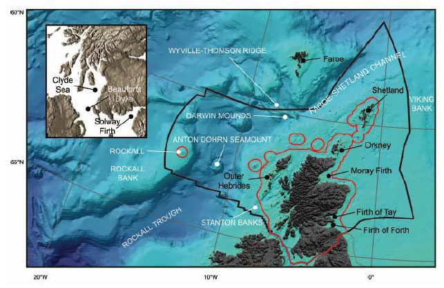 Figure 2‑3 Bathymetry, seabed topography and geographical features of the seas around Scotland