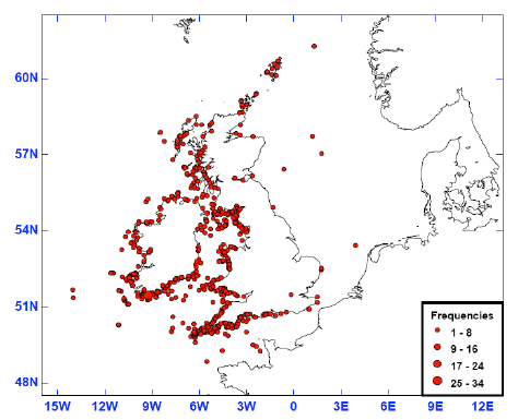 Figure 3‑2 Distribution (sightings & strandings) of turtle species in UK coastal waters 1999-2009