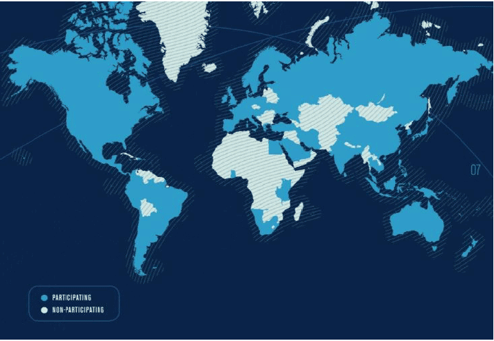 Figure 9‑2 Participating (darker blue) and non participating countries (light blue) in the International Coastal Clean Up 2010