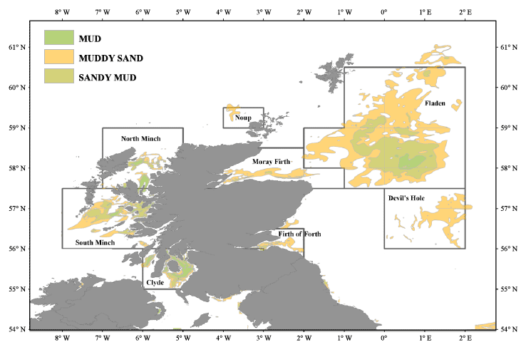 Figure 1: Nephrops functional units and distribution of mud sediments (from British Geological Survey, 2002) around Scotland.