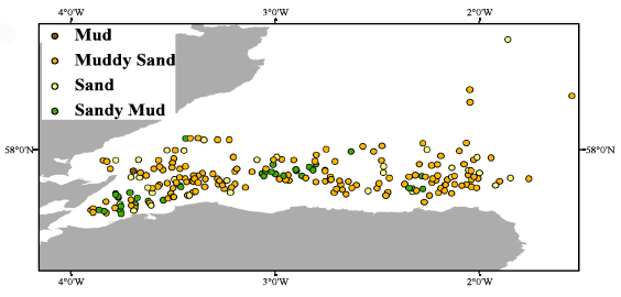 Figure 7: (a) Photograph of typical Moray Firth seabed with a Nephrops in burrow. (b) Map showing PSA results for 2008, 2009 and 2010.