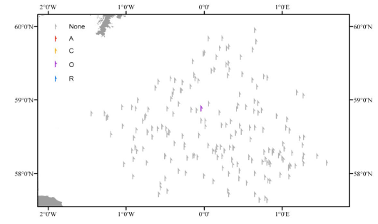 Figure 8: (a) Photograph of typical Fladen seabed with Nephrops burrow. (b) Map showing PSA results for 2008-2010. (c) Map showing abundance of F. quadrangularis observed 2008-2010.