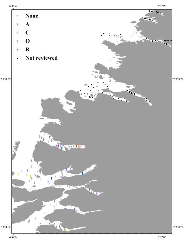 Figure 14: Observations of F. quadrangularis in west coast sea lochs, bays and tidal inlets (based on MSS' ROCA scale) at stations surveyed on Nephrops UWTV surveys in 2008 and 2010.