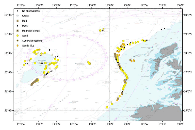 Figure 15: Sediment observations of deepwater UWTV stations off the west coast of Scotland on surveys from 2000-2009.