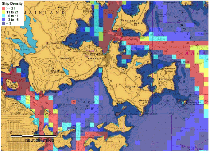 Figure 7.29 Kirkwall Winter 2012 AIS Track Analysis by Overall Ship Density
