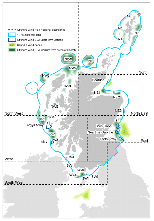 Figure 1. Short-term Sites and Medium Term Areas of Search for Offshore Wind (Marine Plan for Offshore Wind Energy in Scottish Territorial Waters)