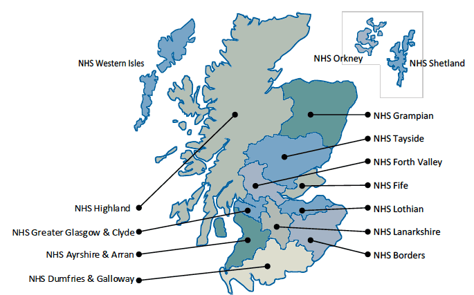 14 NHS Boards and 8 Special NHS boards shown on a map of Scotland