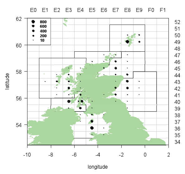 Figure 3.1.2: Spatial distribution of dredge caught scallop landings (tonnes) from Scottish scallop assessment areas into Scotland in 2010.