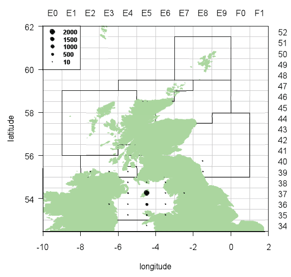 Figure 3.1.3: Spatial distribution of dredge caught scallop landings (tonnes) from Scottish scallop assessment areas into ports outside Scotland in 2010.