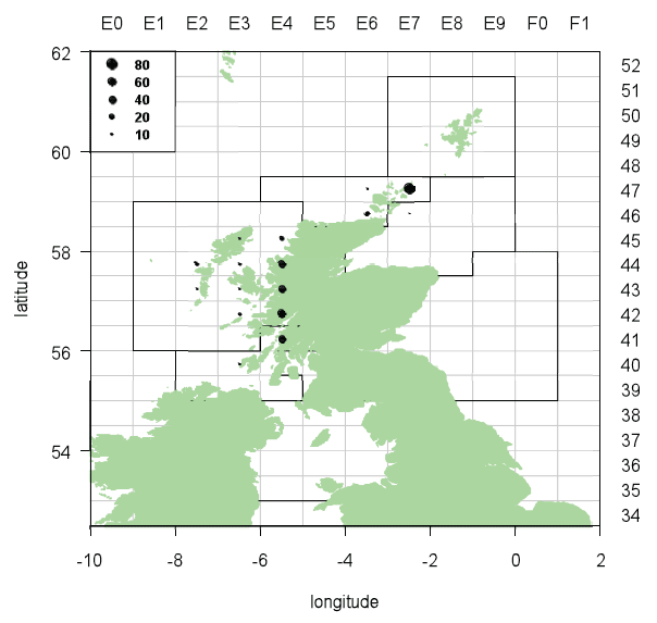 Figure 3.1.4: Spatial distribution of dive caught scallop landings (tonnes) in 2010. 