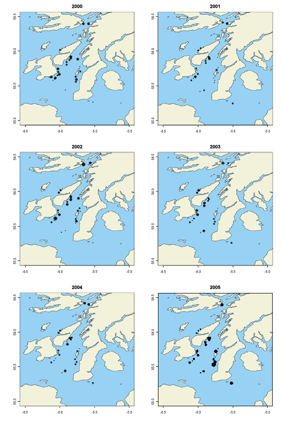 Figure 3.2.4: West of Kintyre. Distribution of dredge survey catch rates (2000-2010).