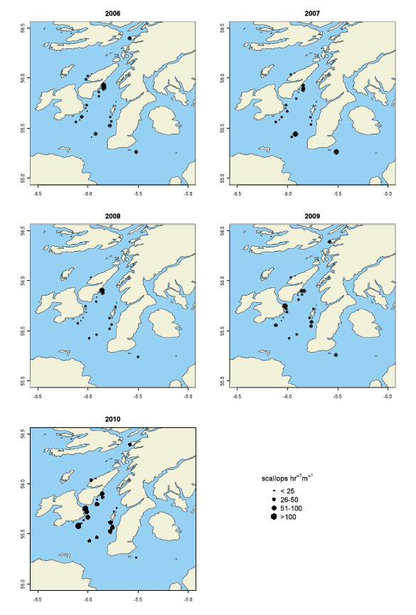 Figure 3.2.4: West of Kintyre. Distribution of dredge survey catch rates (2000-2010).