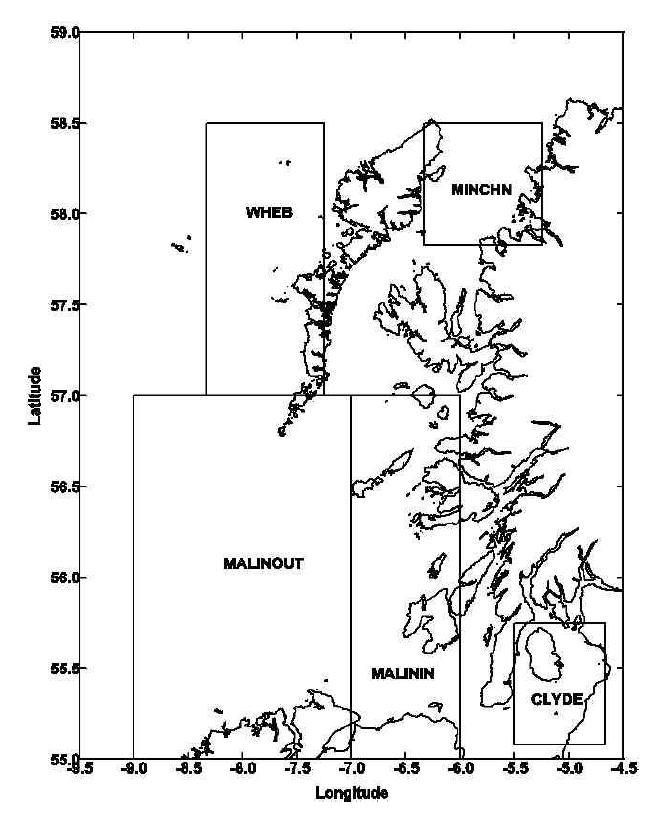 Figure 3 - Summary of boxes and sub-portions of standard sections used to derive monthly means from which annual cycles of oceanographic parameters have been derived – coastal and shelf waters of west Scotland.