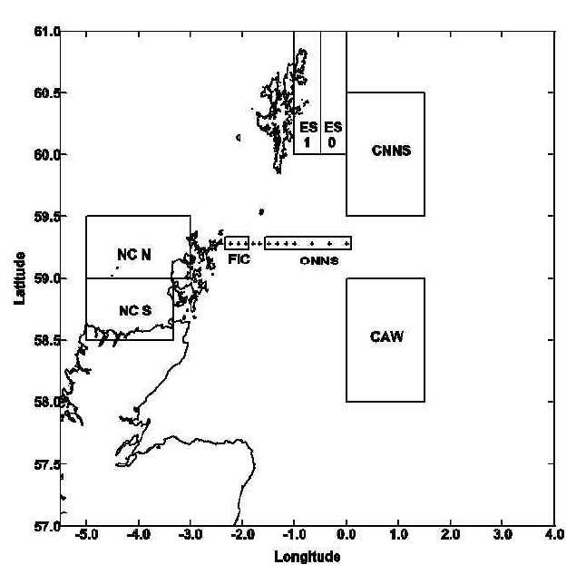 Figure 4 - Summary of boxes and sub-portions of standard sections used to derive monthly means from which annual cycles of oceanographic parameters have been derived – shelf waters north and east of Scotland.