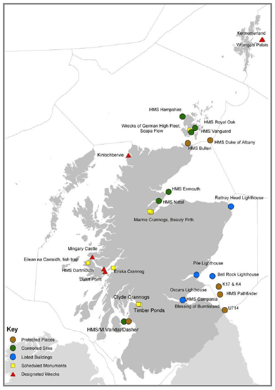 Figure B1.7.1: Map of Scotland's Marine Coastal Heritage Designations