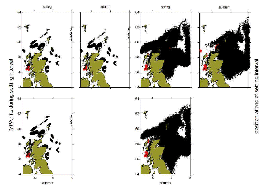 Figure 6a: Black dots show the distribution of particles at the end of the settlement window (three right panels) and MPAs locations that these particles drifted over during that period (three left panels) for each of the spawning periods (top: spring and autumn; bottom: summer). Red dots show the particle origin positions.