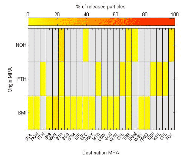 Figure 7b: Matrix showing the percentage of all particles representing horse mussel released from each origin MPA drifting over any MPA during the settlement period of their pelagic phase. Grey boxes indicate zero hits.