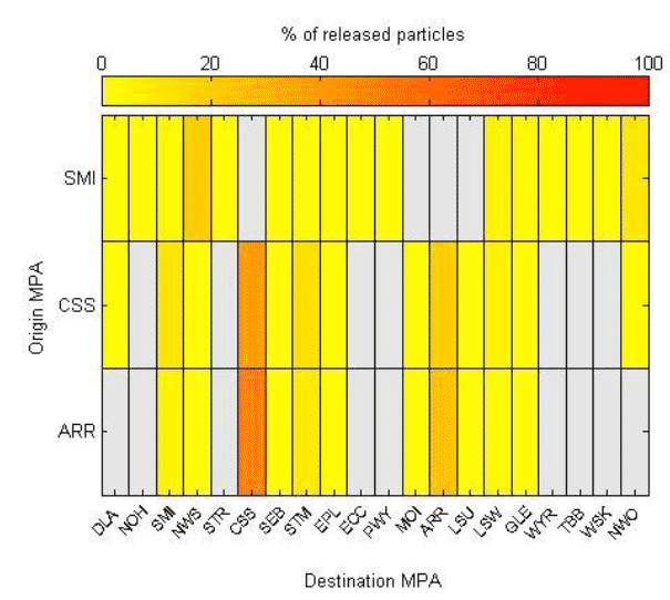 Figure 9b: Matrix showing the percentage of all particles representing fan mussel released from each origin MPA drifting over any MPA during the settlement period of their pelagic phase. Grey boxes indicate zero hits.