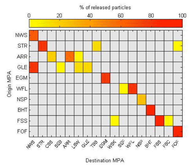 Figure 13b: Matrix showing the percentage of all particles representing amphipods released from each origin MPA drifting over any MPA during the settlement period of their pelagic phase. Grey boxes indicate zero hits.