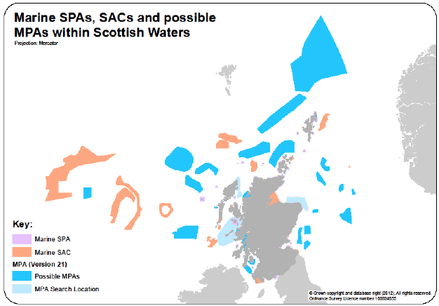 Figure 11. Marine SPAs, SACs and possible MPAs within Scottish Waters