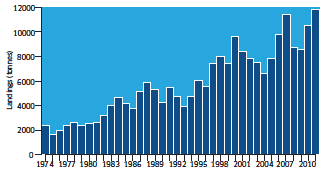 Landings (Tonnes) of Brown Crab into Scotland by Scottish Vessels, 1974 to 2010.