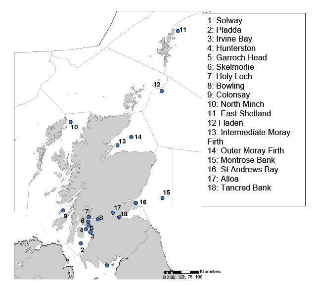 Figure 2 Scottish fish monitoring sites sampled annually for contaminant analysis by MSS. The grey lines show the Scottish sea areas