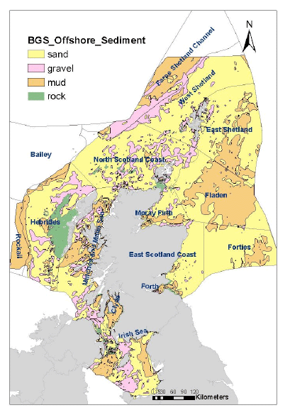 Figure 4 Map showing the Sediment type of offshore sediment around Scotland from the British Geological Survey (BGS)