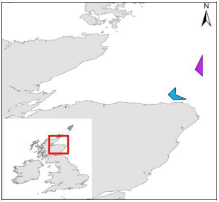 Figure 6. Locations of the two hypothetical wind farm developments used in the simulations