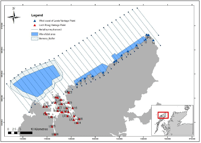 Figure 1 - Digital aerial survey line transect and vantage point (VP) locations in relation to wave/tidal areas of interest