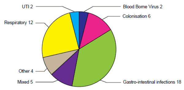 Figure 4: Types of infections in HAI outbreaks (number of events) reported to HPS during 2013