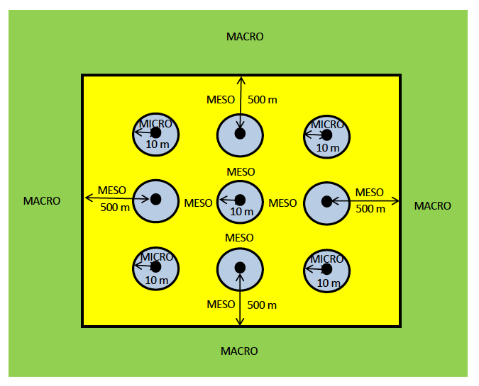 Figure 3.3 Schematic illustrating the spatial scales over which micro-avoidance, meso- and macro- responses operate. Dots refer to turbine tower locations (not to scale).