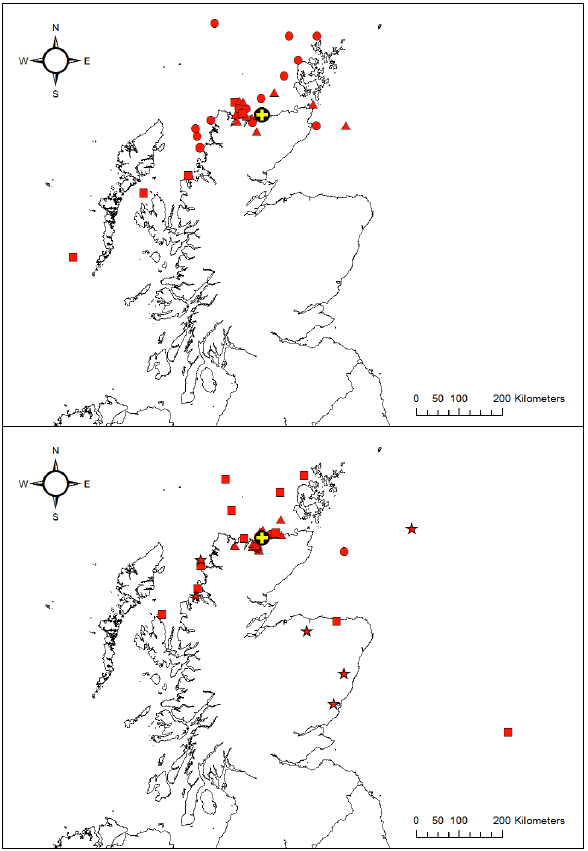 Figure 2 Map of Scotland showing satellite tag pop-up locations for salmon tagged and released at Armadale (shown by a cross) in 2013 (upper) and 2014 (lower)