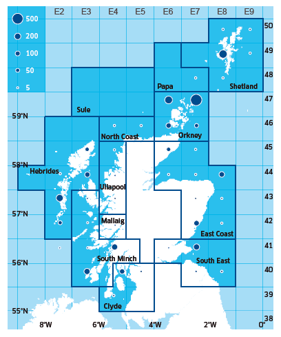 Creel Fishery Assessment Areas and Scottish Velvet Crab Landings (tonnes) in 2013.
