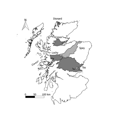 Map of Scotland showing salmon fishery districts with rivers used for smolt stocking experiments (dark shading)