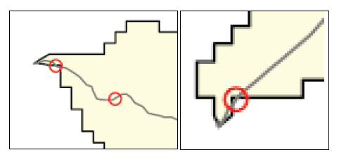 Examples of differences in spatial resolution resulting in incorrect allocation of Sites to Catchments