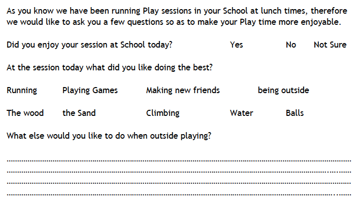Sample – In School Play Ranger Questionnaire – for Pupils