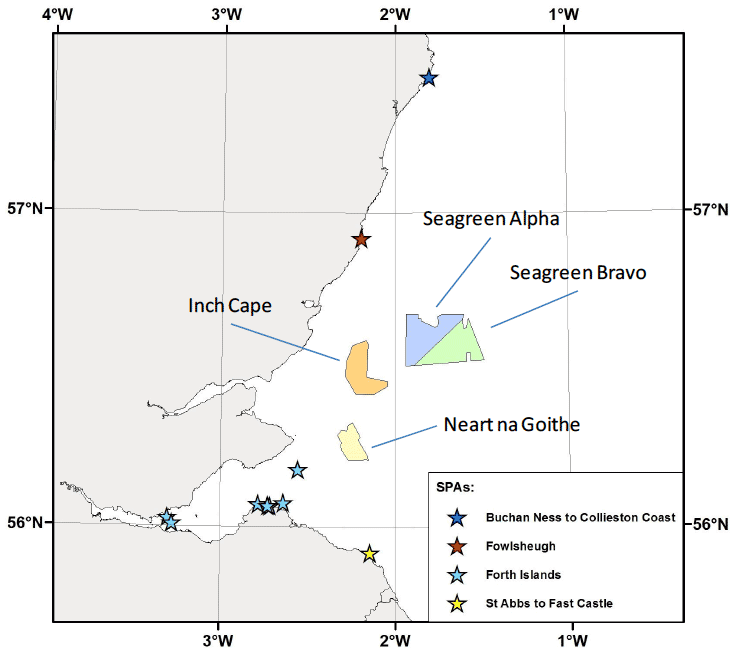 Figure 3.1: Map of study area showing SPAs and recently consented wind farms.