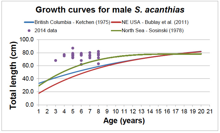 Figure 8: Growth curves derived from spine analyses for S. acanthias from British Columbia (Ketchen, 1975) and NE USA (Bublay et al., 2011).