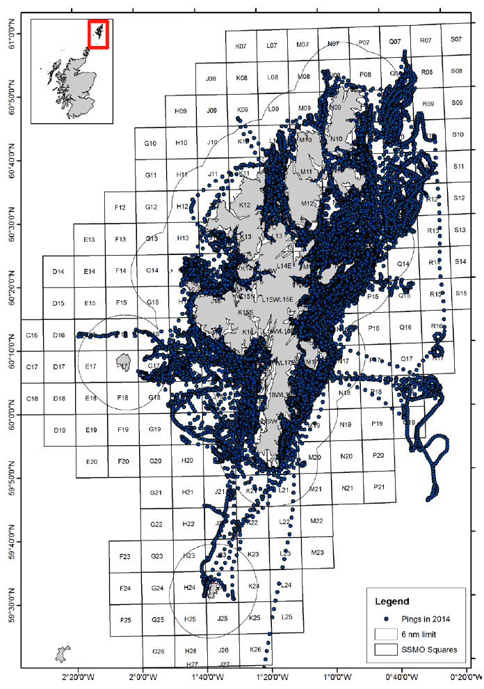 Figure 3.1 Distribution of vessel activity for all VMS pings in 2014