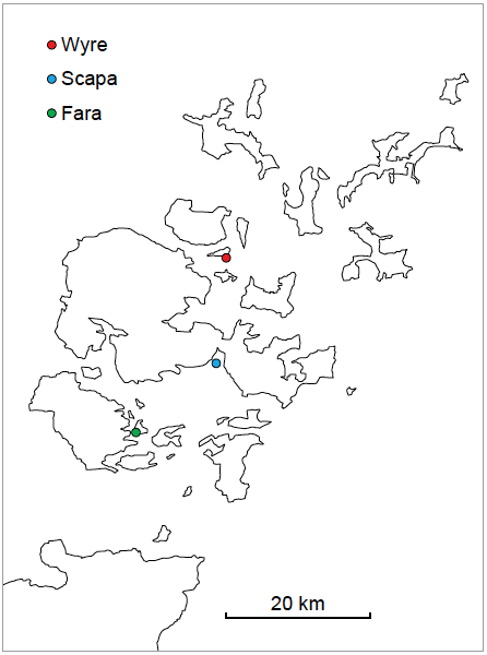 Figure 1: Locations of depletion fishing plots in Orkney waters during 2013 and 2014.