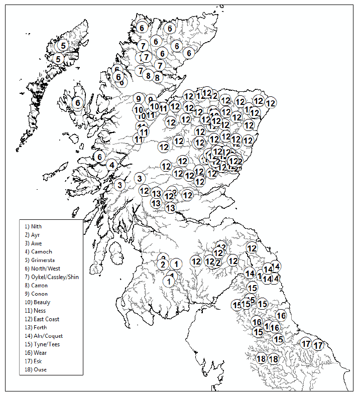 Figure 1 Map of Scotland and north England showing baseline samples representing assignment regions identified and defined by Gilbey et al. (submitted).