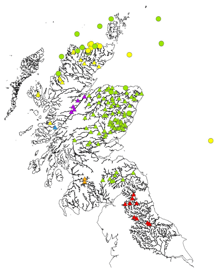 Figure 3 Map of Scotland showing baseline samples (triangles) representing assignment regions