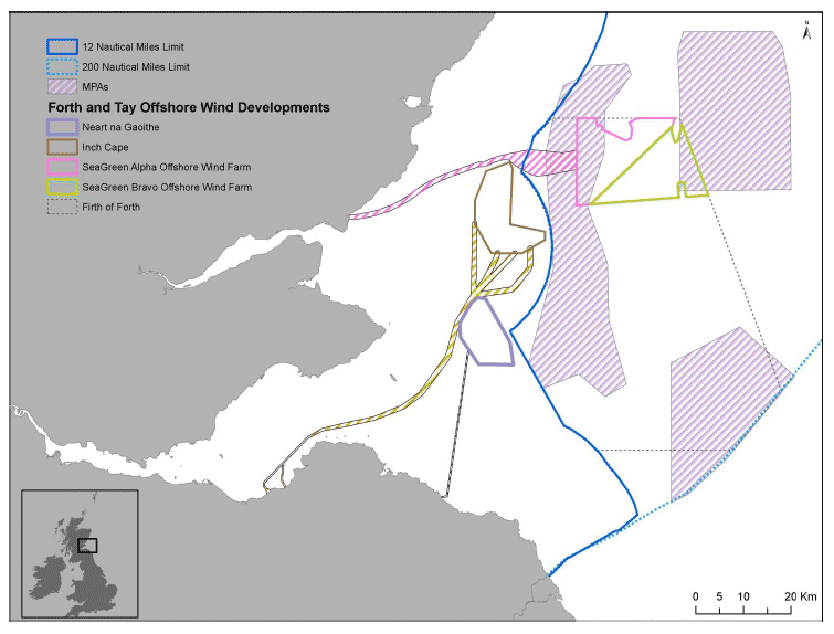 Figure 2: Windfarm complex of 4 developments totalling 335 turbines: Seagreen, (collaboration of Scottish & Southern Electricity & Fluor), Inch Cape Offshore Limited (Repsol), and Neart na Gaoithe (Mainstream Renewable Power). Including the Firth of Forth Banks Complex, now a designated Marine Protected Area (MPA).