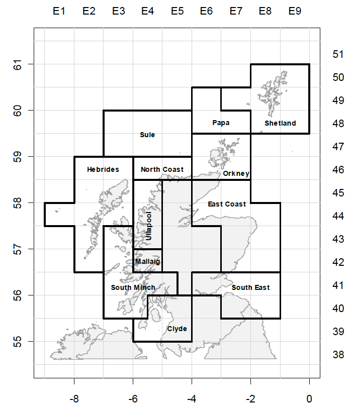 Figure 1: Crab and lobster fishery assessment areas in Scotland.