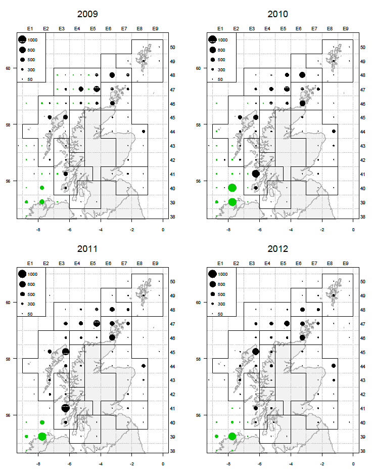 Figure 6: Brown crab landings (tonnes) by statistical rectangle between 2009 and 2012.  Black circles represent landings into Scotland.  Data are from Fisheries Management Database.  Green circles represent landings into Republic of Ireland – data provided by the Irish Marine Institute.